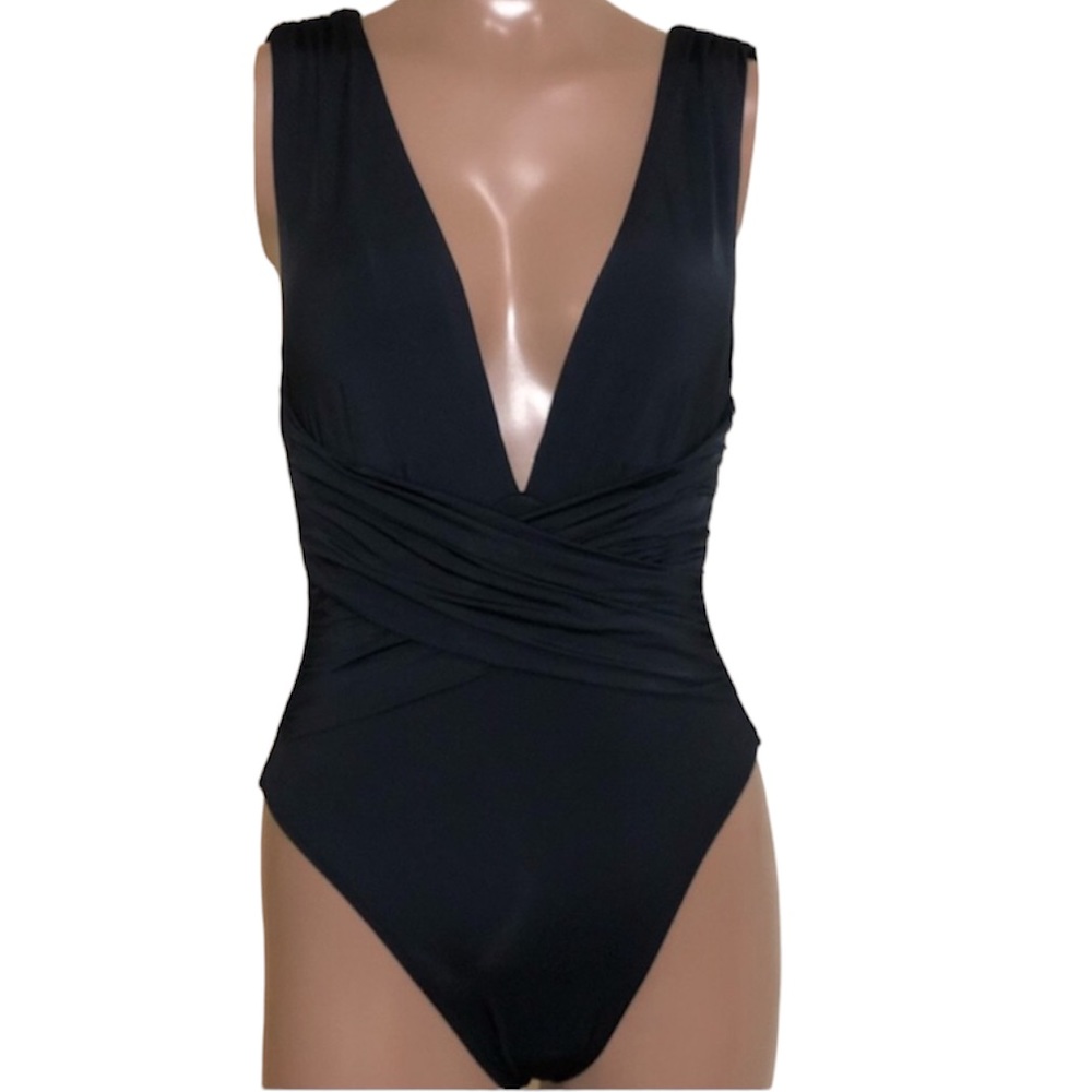 Trina Turk Getaway Plunge Cross Wrap Open Swimsuit Sz 2 Black NEW! - Picture 2 of 6